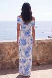 Off the Shoulder Blue Floral Wedding Guest Dress with Slit