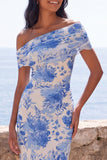 Off the Shoulder Blue Floral Wedding Guest Dress with Slit