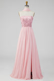 Strapless Pink A Line Wedding Guest Dress with Slit