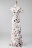 One Shoulder Sheath Ivory Floral Wedding Guest Dress with Slit