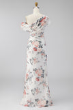One Shoulder Sheath Ivory Floral Wedding Guest Dress with Slit