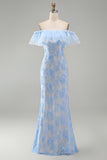 Off the Shoulder Lace Blue Floral Wedding Guest Dress