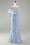Off the Shoulder Lace Blue Floral Wedding Guest Dress