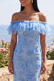 Off the Shoulder Lace Blue Floral Wedding Guest Dress