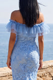 Off the Shoulder Lace Blue Floral Wedding Guest Dress
