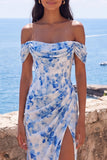 Off the Shoulder Blue Floral Maxi Wedding Guest Dress with Slit