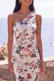 One Shoulder Mermaid Ivory Floral Wedding Guest Dress with Sash