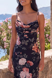 Black Mermaid Floral Spaghetti Straps Wedding Guest Dress