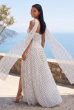 Strapless White Black Polka Dot Dress with Slit