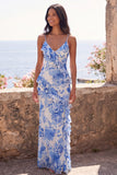 Blue Floral Ruffled Sheath Spaghetti Straps Wedding Guest Dress