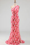 One Shoulder Pink Floral Mermaid Wedding Guest Dress with Slit