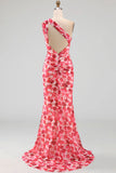 One Shoulder Pink Floral Mermaid Wedding Guest Dress with Slit