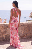One Shoulder Pink Floral Mermaid Wedding Guest Dress with Slit
