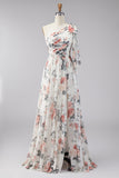 One Shoulder Floral Ivory Wedding Guest Dress with Slit