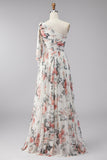 One Shoulder Floral Ivory Wedding Guest Dress with Slit