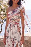 One Shoulder Floral Ivory Wedding Guest Dress with Slit