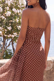 Strapless Brown White Polka Dot Maxi Dress with Sash