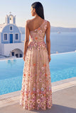 One Shoulder Champagne Floral Wedding Guest Dress with Slit