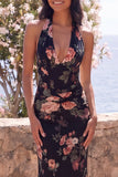 Halter Ivory Floral Maxi Wedding Guest Dress with Twist Front