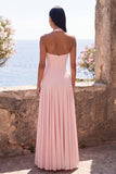 Halter Pink A Line Long Wedding Guest Dress