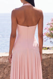 Halter Pink A Line Long Wedding Guest Dress