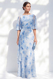 Blue Floral Ruched Mermaid Mother of the Bride Dress with Ruffles