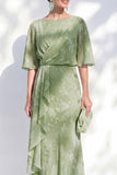 Sage Green Ruched Mermaid Mother of the Bride Dress with Half Sleeves