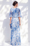 White Blue Floral Ruched Mermaid Half Sleeve Mother of the Bride Dress