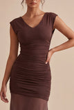 Brown Mermaid Ruched Chiffon V Neck Maxi Formal Dress
