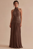 Halter Dark Coffee A Line Ruched Pleated Formal Dress