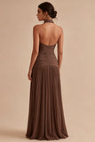 Halter Dark Coffee A Line Ruched Pleated Formal Dress