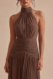 Halter Dark Coffee A Line Ruched Pleated Formal Dress