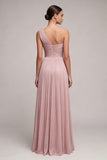 One Shoulder Dusty Rose A Line Ruched Pleated Formal Dress