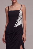 Black Ruched Appliqued Mermaid Maxi Formal Dress with Slit