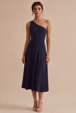 One Shoulder A Line Navy Midi Formal Dress