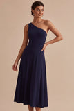 One Shoulder A Line Navy Midi Formal Dress