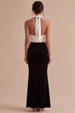 Halter Black and White ColorBlock Ruched Mermaid Formal Dress