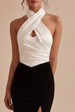 Halter Black and White ColorBlock Ruched Mermaid Formal Dress