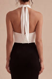 Halter Black and White ColorBlock Ruched Mermaid Formal Dress