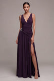 Plum A Line Pleated Ruched Maxi Formal Dress with Slit