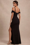 Cold Shoulder Black Ruched Mermaid Maxi Formal Dress