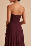 Burgundy Strapless Pleated Ruched A Line Maxi Formal Dress