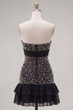 Strapless Beaded Black A Line Homecoming Dress With Bow