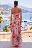 One Shoulder Pink Red Floral Mermaid Wedding Guest Dress