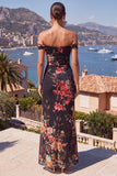 Off the Shoulder Black Floral Mermaid Wedding Guest Dress With Slit