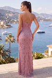 Dusty Rose Beaded Mermaid Wedding Guest Dress With Slit