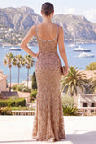 V-Neck Mermaid Sparkly Champagne Formal With Slit