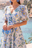 A Line Blue Floral Wedding Guest Dress With Puff Sleeves