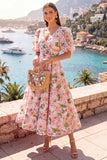 A Line Blue Floral Wedding Guest Dress With Puff Sleeves