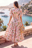 A Line Blue Floral Wedding Guest Dress With Puff Sleeves